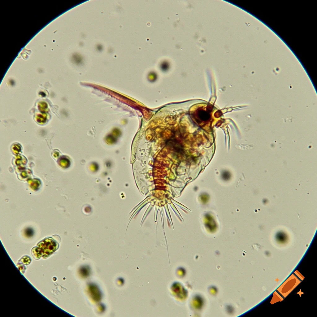 Microscopic view of a small aquatic organism with antennae and legs.