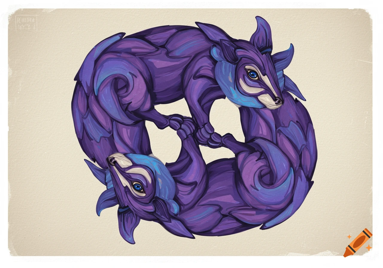 Two stylized purple and blue deer-like creatures intertwined in a circle, forming an optical illusion.
