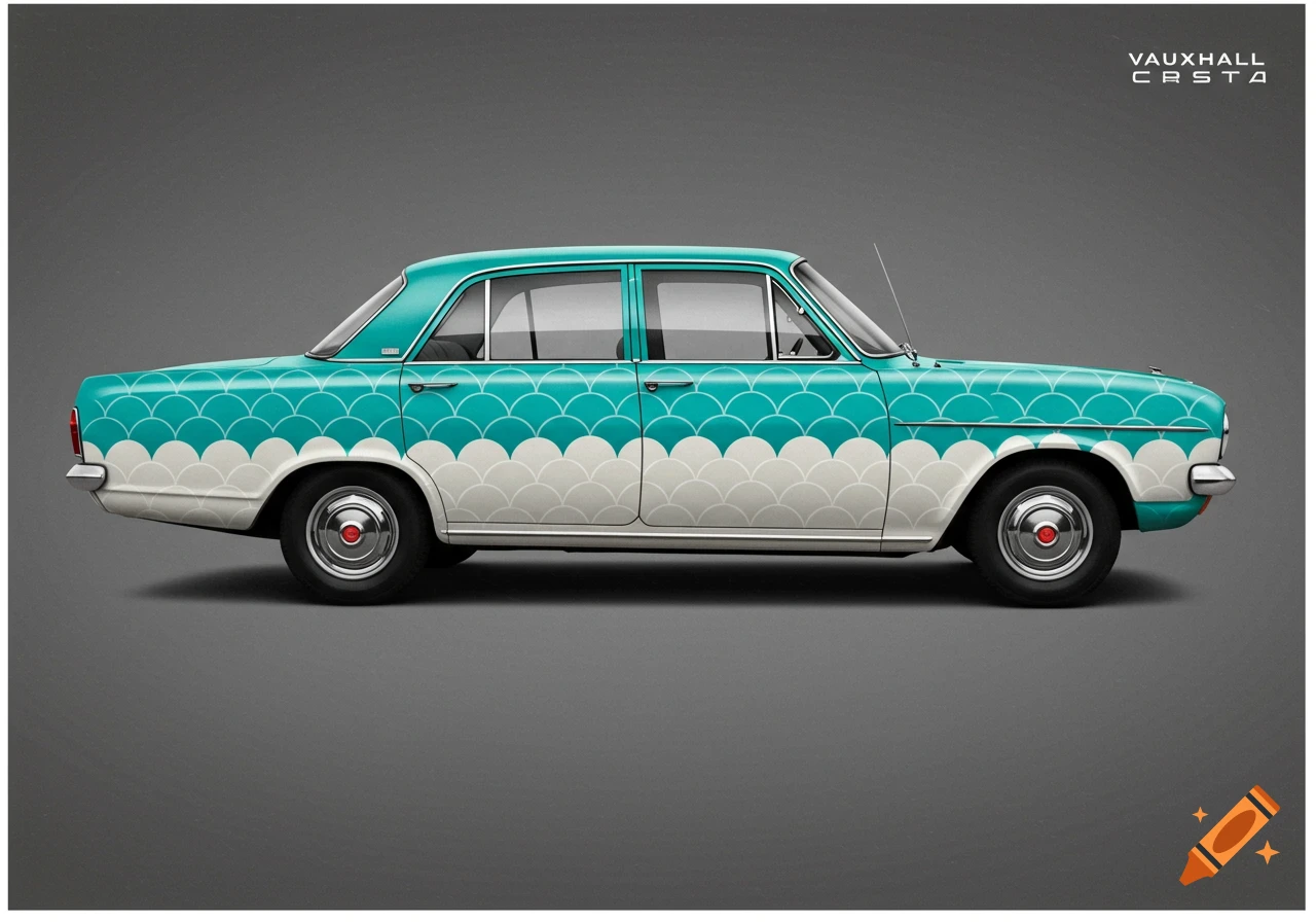 Side view of a vintage Vauxhall Cresta sedan with a turquoise and white scallop paint job.