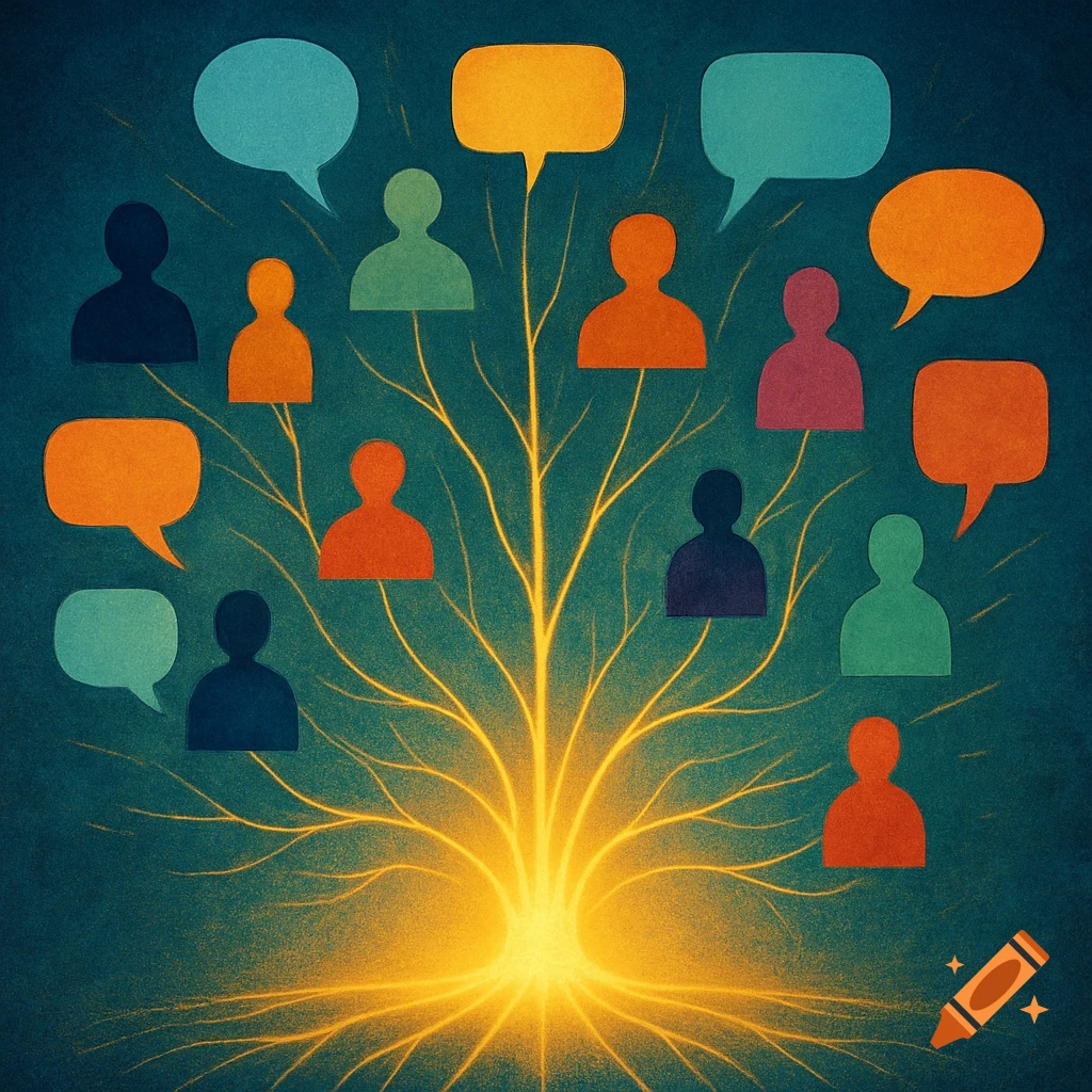 Stylized abstract image of colorful human silhouettes and speech bubbles connected by glowing lines radiating from a central light source.