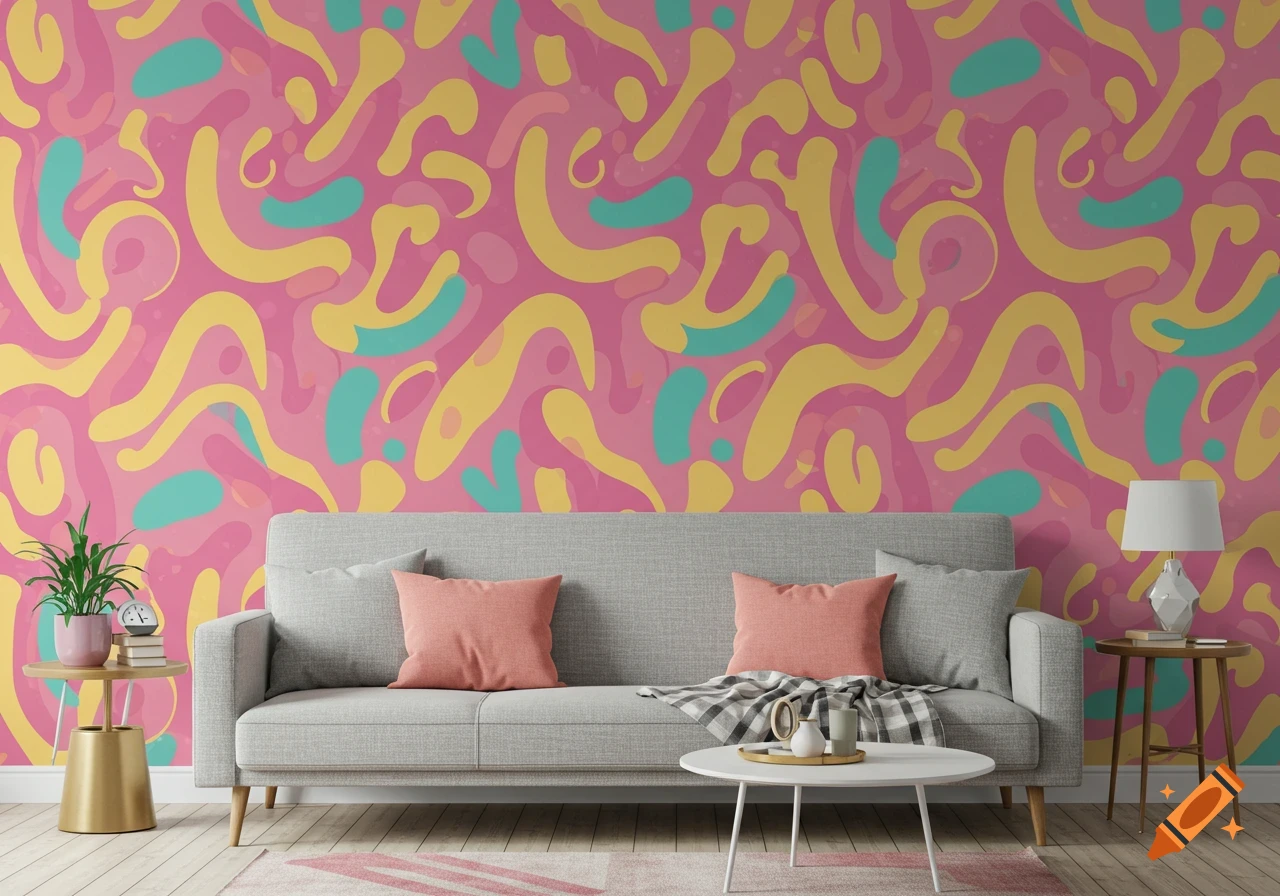 A gray sofa and white coffee table in a room with a pink wall featuring a bright abstract pattern in yellow and teal.