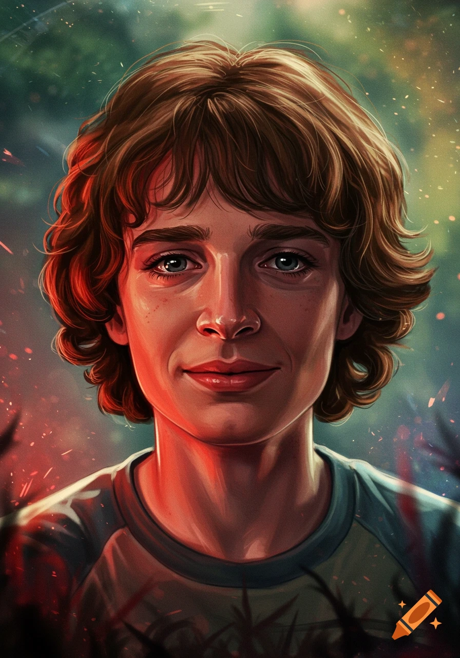 Digital painting portrait of Will Byers smiling and looking forward.
