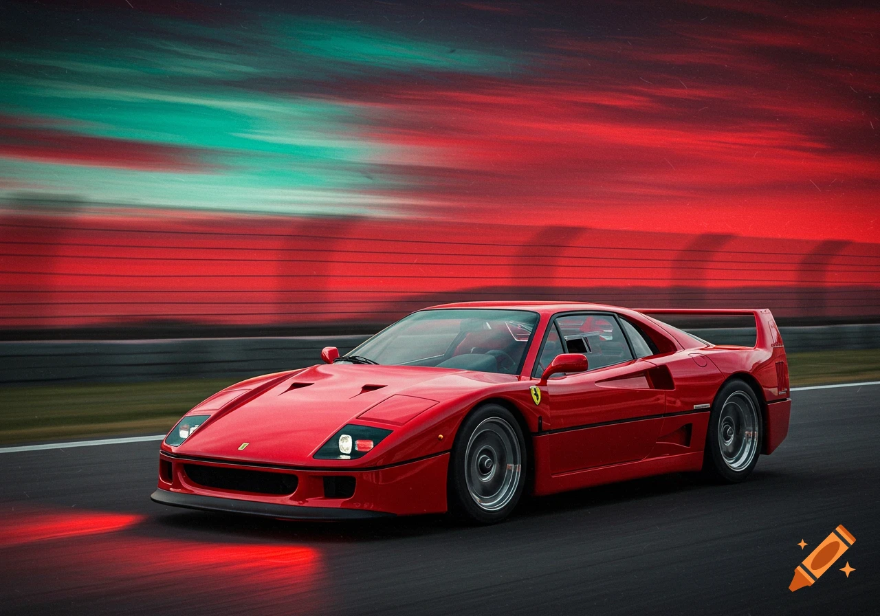 Red Ferrari F40 driving on a race track under a dramatic sky.