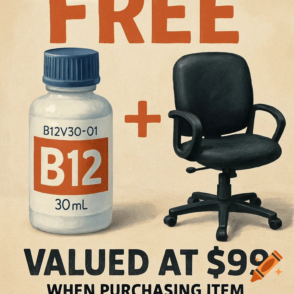 Advertisement graphic showing a bottle labeled B12 next to an office chair with text "FREE" and "VALUED AT $99"