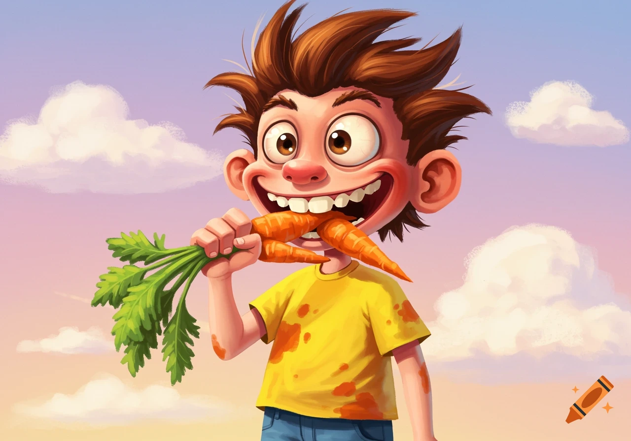 Cartoon boy with spiky hair happily eating two carrots
