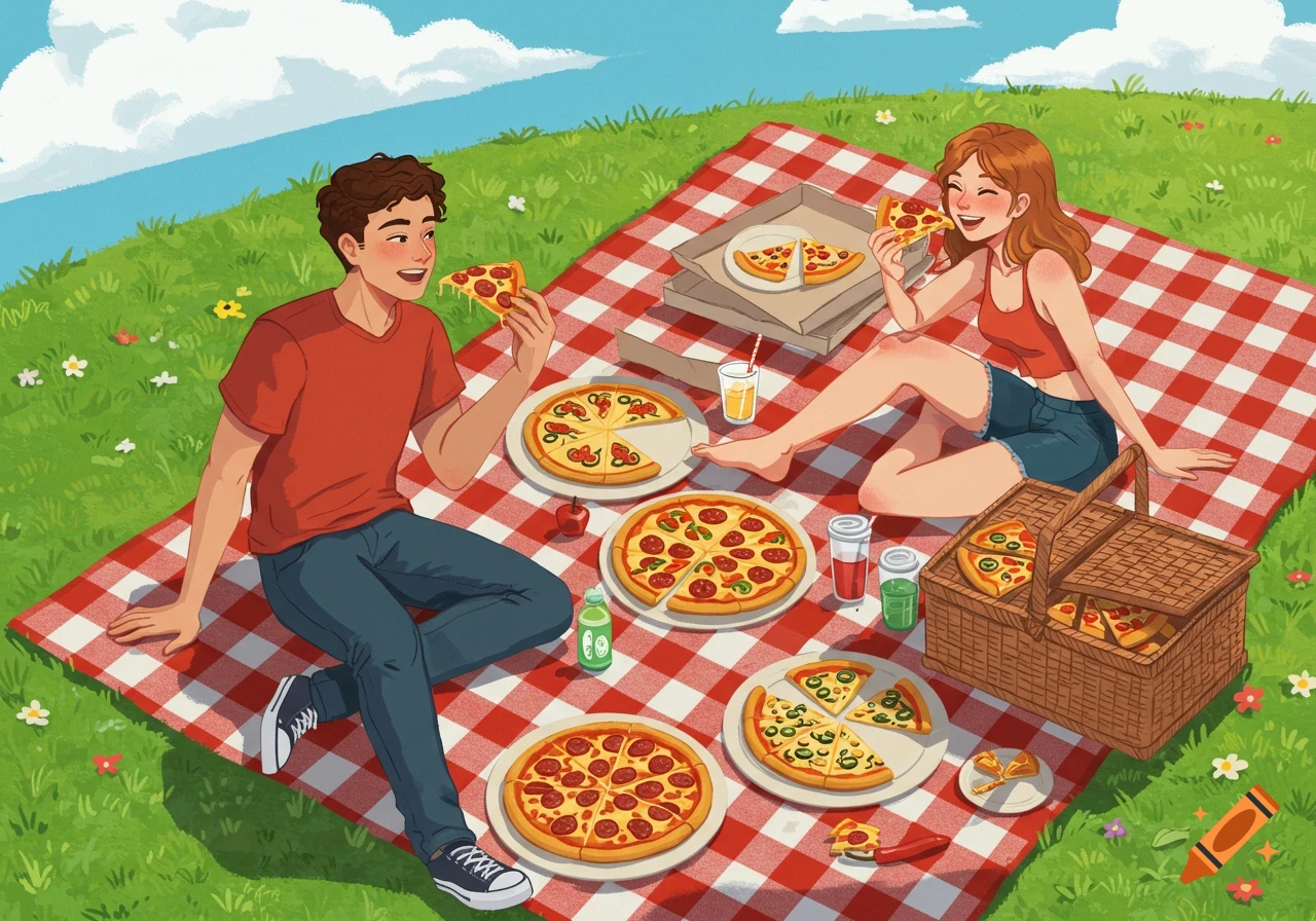 An illustration of two people enjoying a pizza picnic on a red and white blanket on a grassy hill.