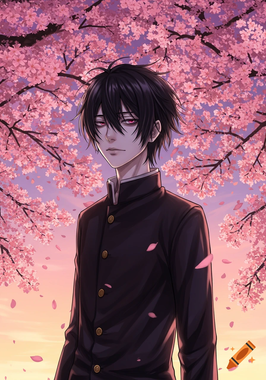 An anime boy with dark hair under pink cherry blossom trees