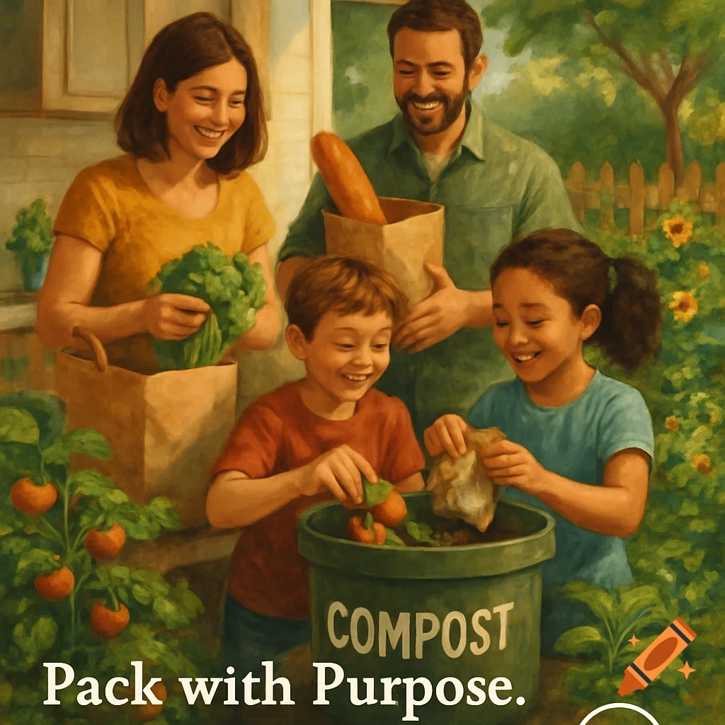Family unpacking groceries and composting in a garden, text reads "COMPOST" and "Pack with Purpose." painting style.