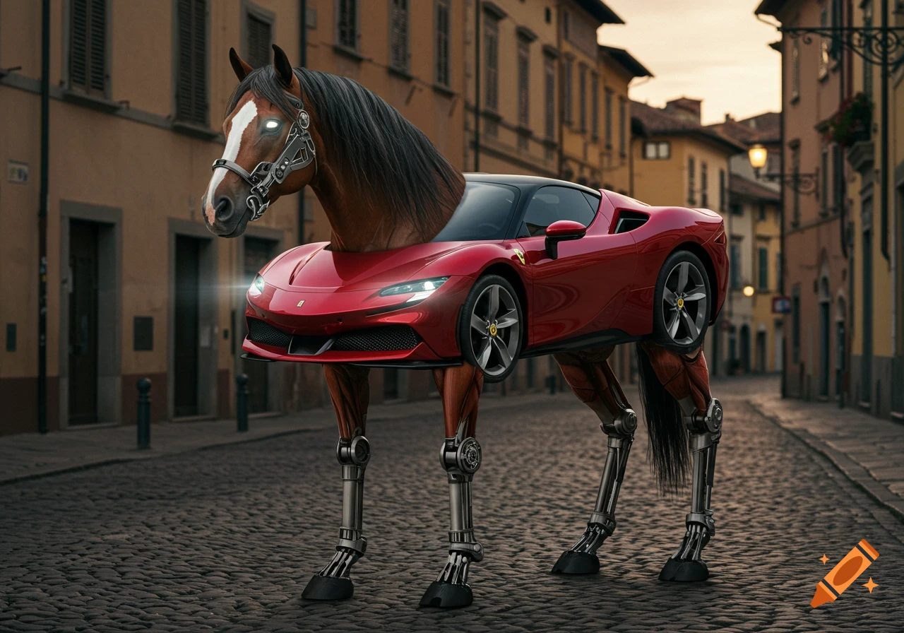 A hyper-realistic hybrid creature with a horse's head and legs and a red Ferrari body stands on a cobblestone street in an Italian town.