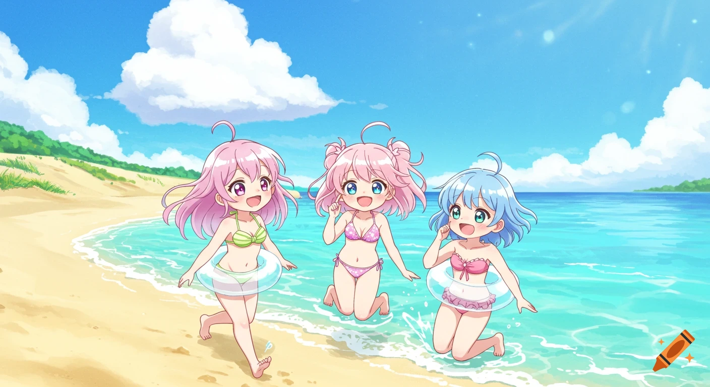Three chibi anime girls in bikinis running on a beach with inflatable rings.