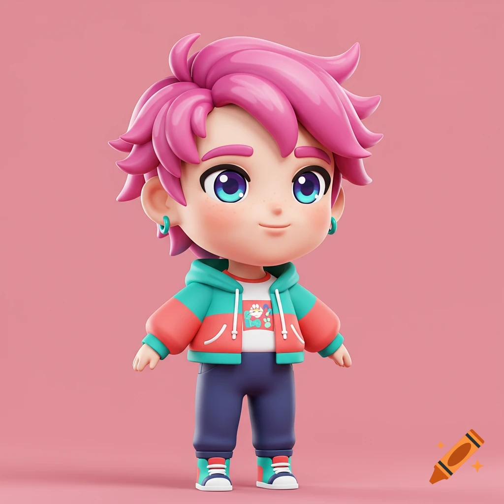 Cute 3D anime chibi character with pink hair in a colorful jacket against a pink background.