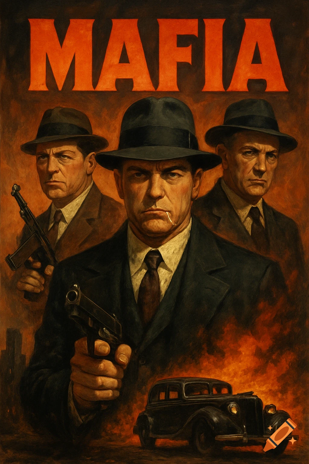 Movie poster for 'MAFIA' featuring three men in fedoras, two holding guns, with a car and fire in the background, in a retro style.