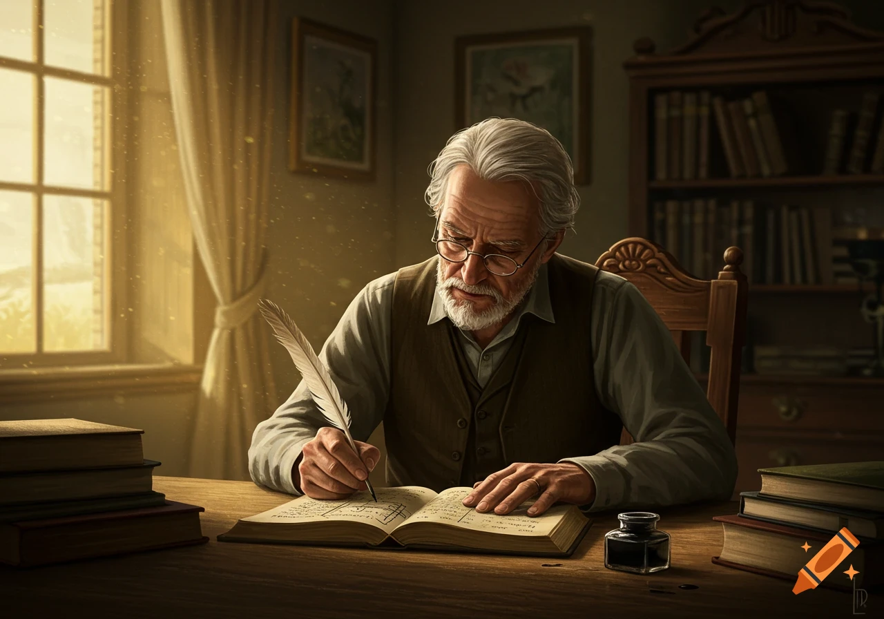 Old man writing in a book with a feather pen by a sunlit window in a library.