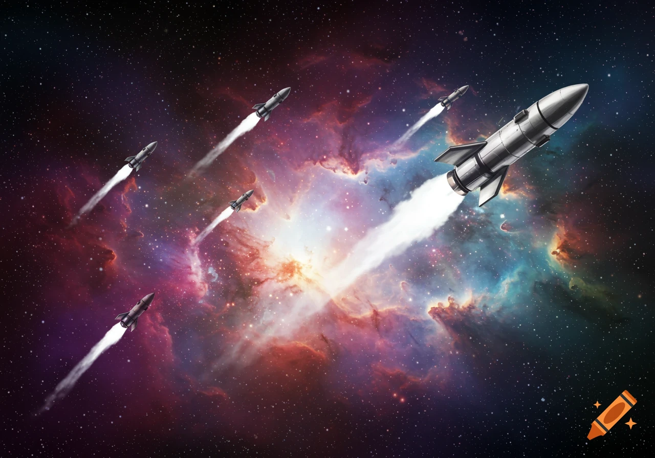 Rockets flying through a colorful nebula in space
