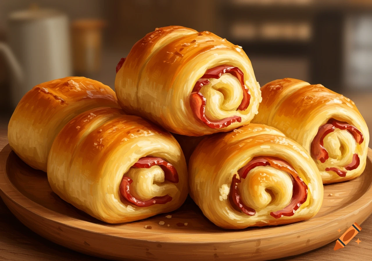 Several golden-brown bacon rolls are piled on a wooden plate.