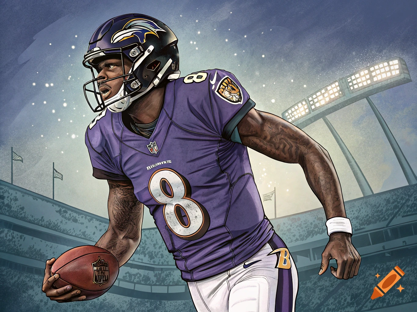 Illustration of a football player in a purple jersey with number 8, holding a football in a stadium.