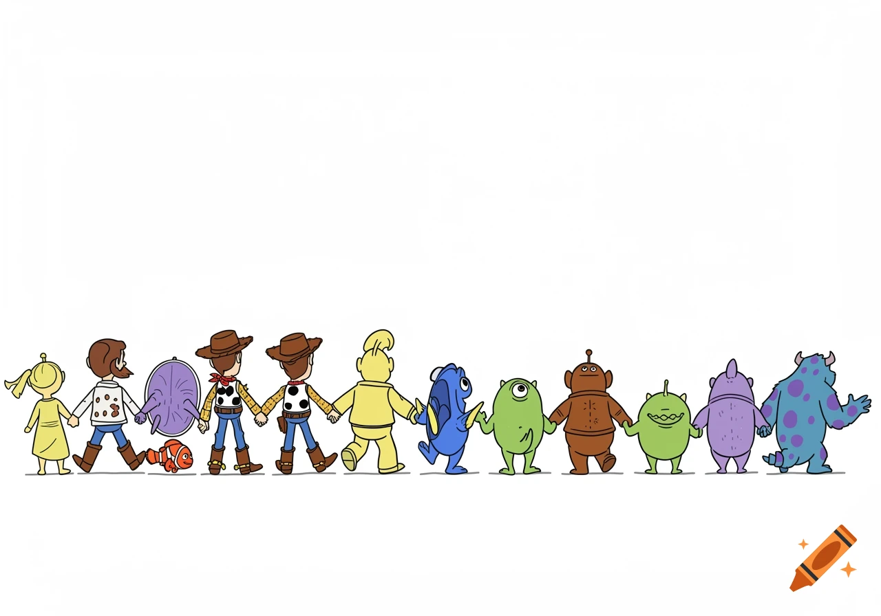 Cartoon illustration of Pixar characters like Woody, Dory, and Sully walking away holding hands.