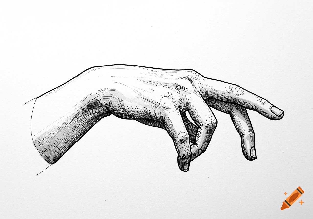 Black and white ink drawing of a hand with two fingers touching the thumb.