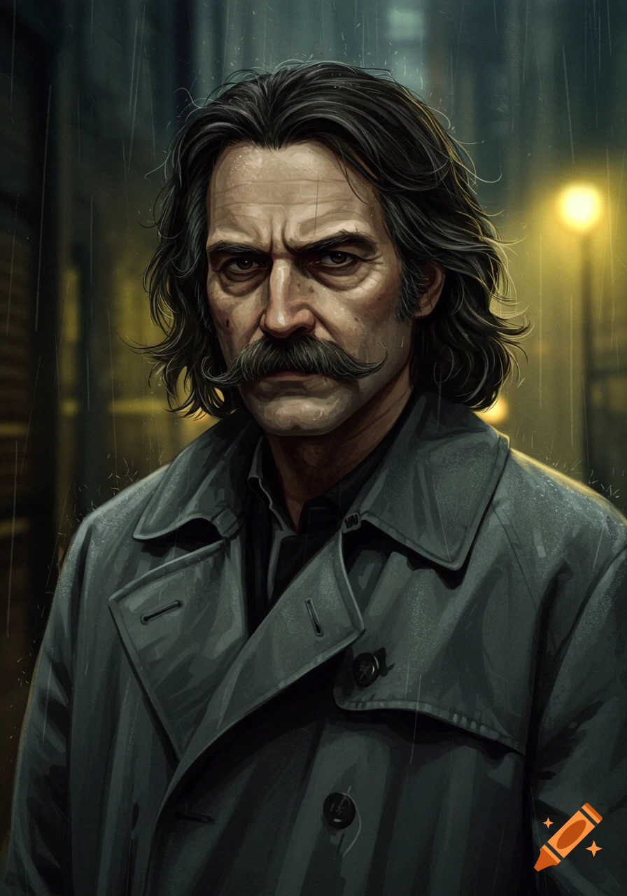 Stylized portrait of a man with a mustache and long hair in a trench coat standing in the rain at night.