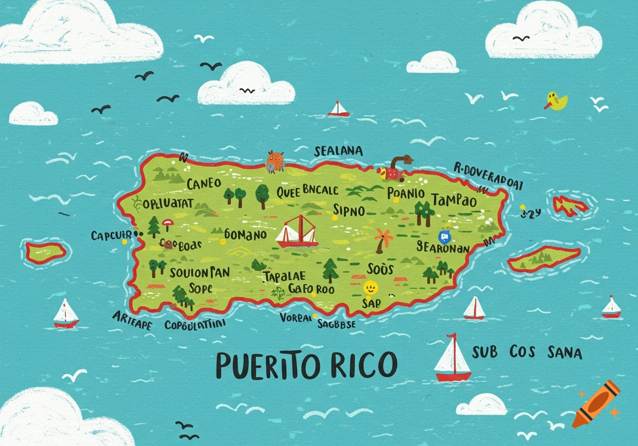 Stylized map of Puerto Rico with boats, birds, and clouds
