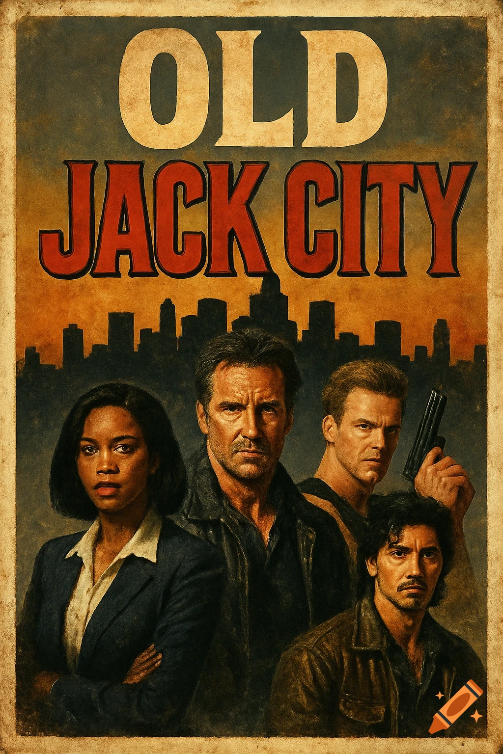 Vintage movie poster for 'Old Jack City' featuring four diverse action heroes and an urban skyline.