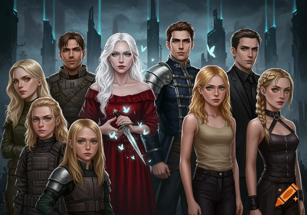 Group portrait of 8 characters in fantasy/dystopian outfits against a dark futuristic city.