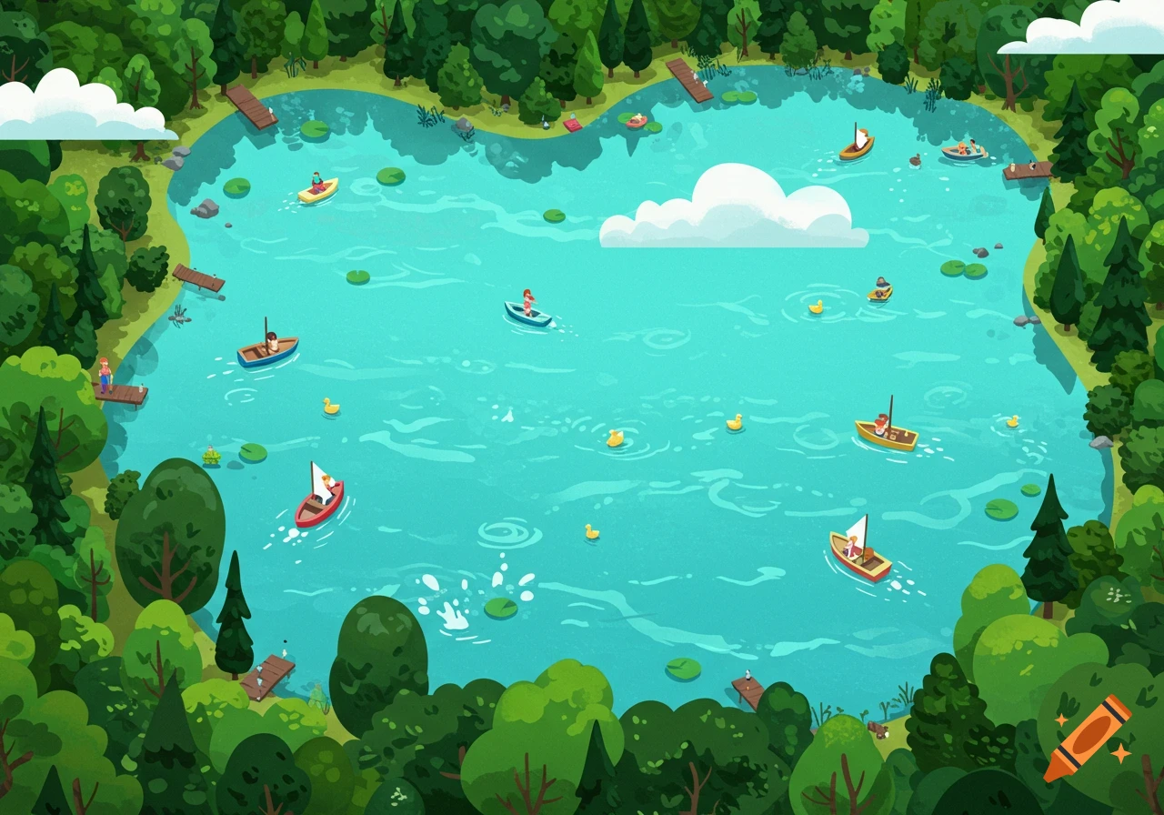 Cartoon top view of a lake with boats, people, ducks, docks, and trees around it.
