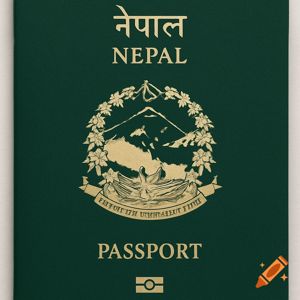 Close-up of a dark green passport cover with gold embossed text and coat of arms.