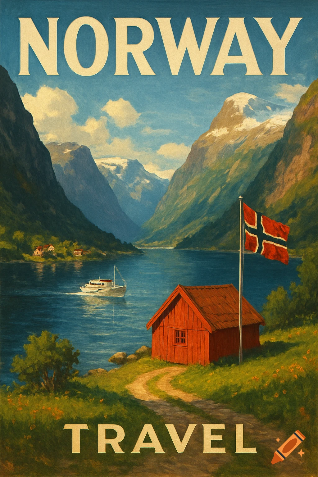 Vintage travel poster of a Norwegian fjord, boat, red cabin, and mountains with text 'NORWAY TRAVEL'.