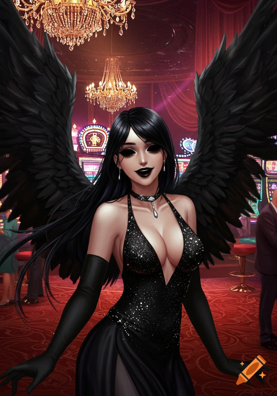 Anime style dark angel in a sparkly black dress with black wings at a casino.
