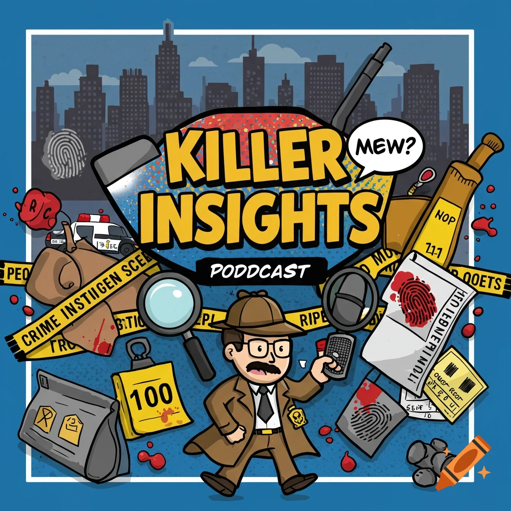 Cartoon illustration for a crime podcast, featuring a detective, crime scene tape, fingerprints, and text 'KILLER INSIGHTS PODDCAST'.