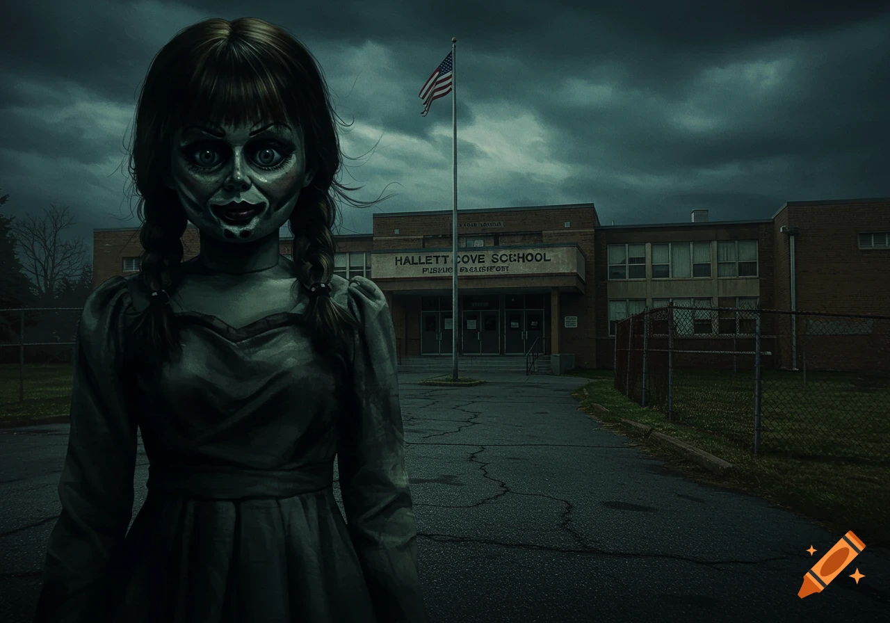 Creepy doll with braids stands in front of a school building under dark, cloudy sky.