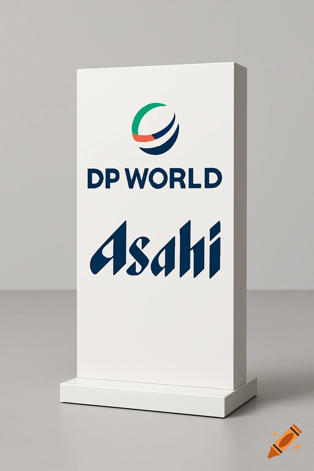 DP World and Asahi logos on a white freestanding display unit.