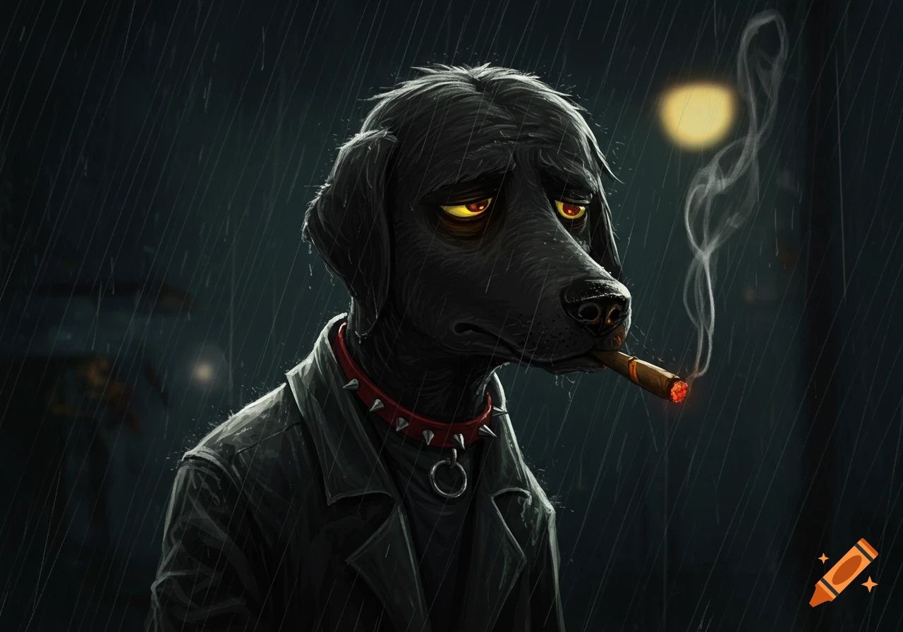 A sad-looking black dog wearing a studded collar and coat smokes a cigar in the rain. It has striking yellow eyes.