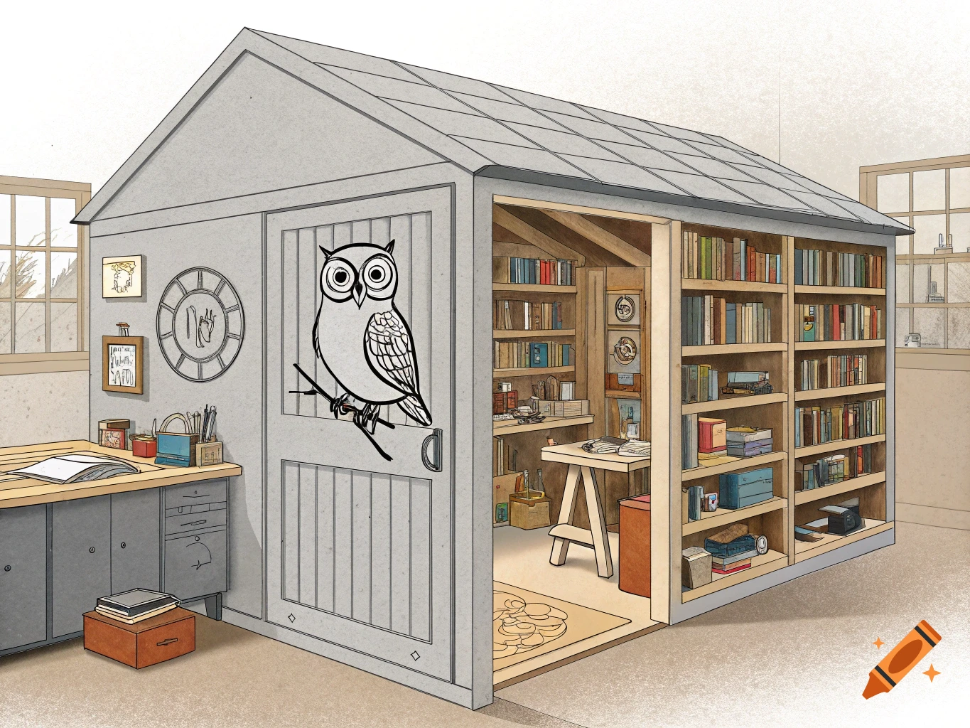 An illustration of a shed acting as a library and workshop, with an owl drawing on the door.