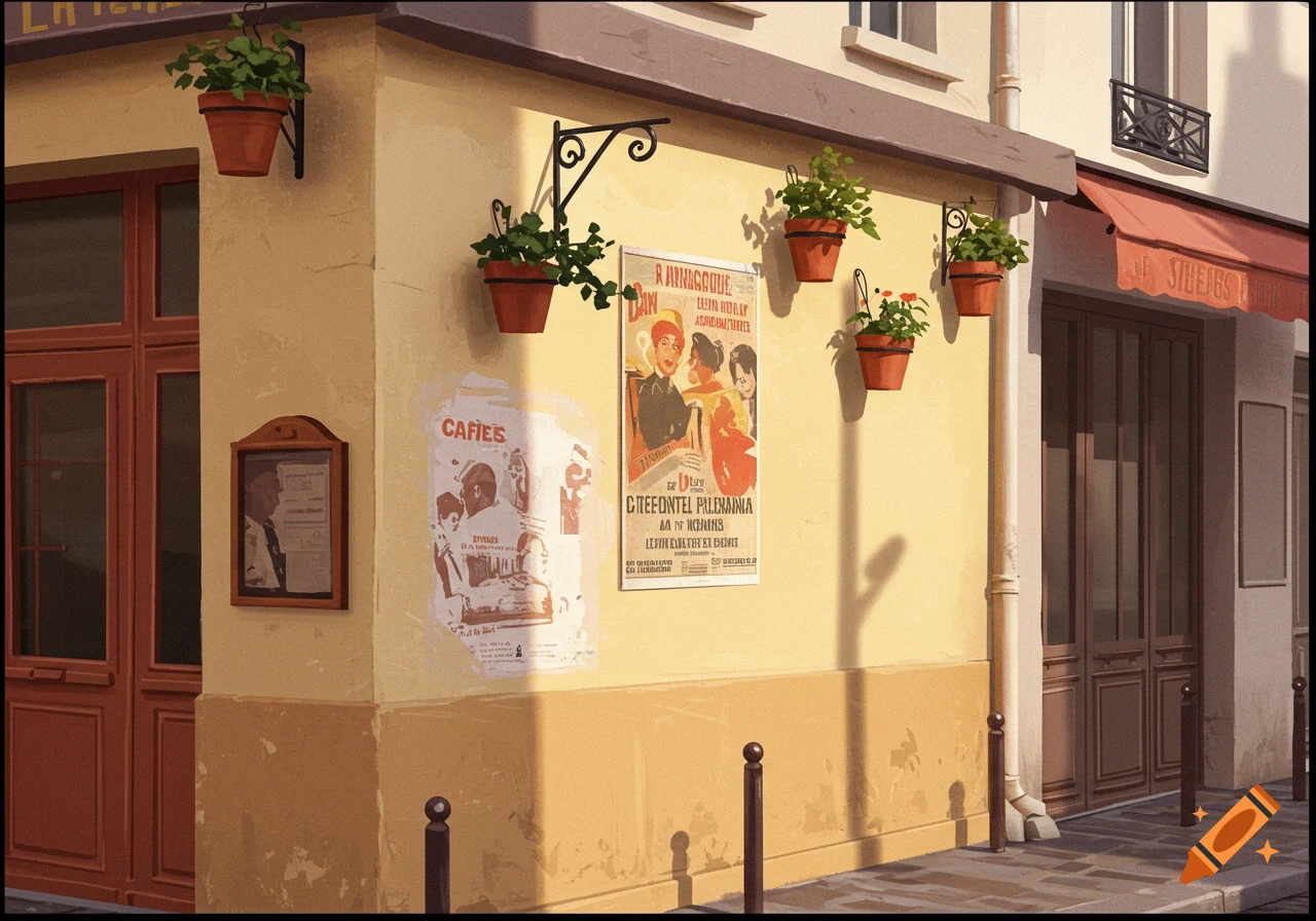 A wall of a cafe in a city, with potted plants, posters, and architectural details.