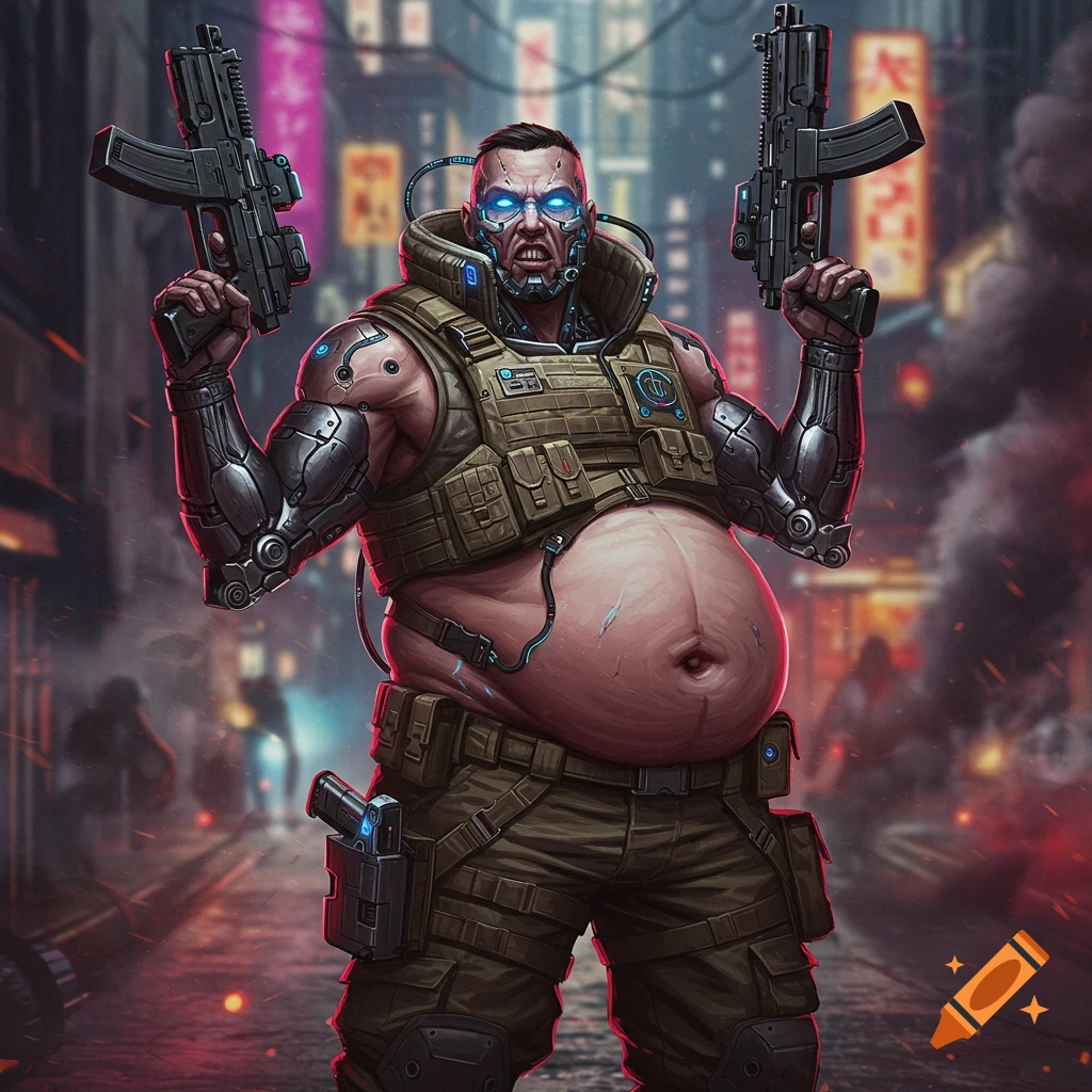 A heavily armed, cybernetic commando with a large gut stands in a cyberpunk street.
