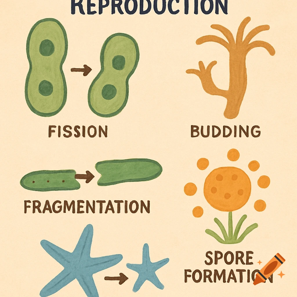Diagram illustrating different types of asexual reproduction: Fission, Budding, Fragmentation, and Spore Formation.