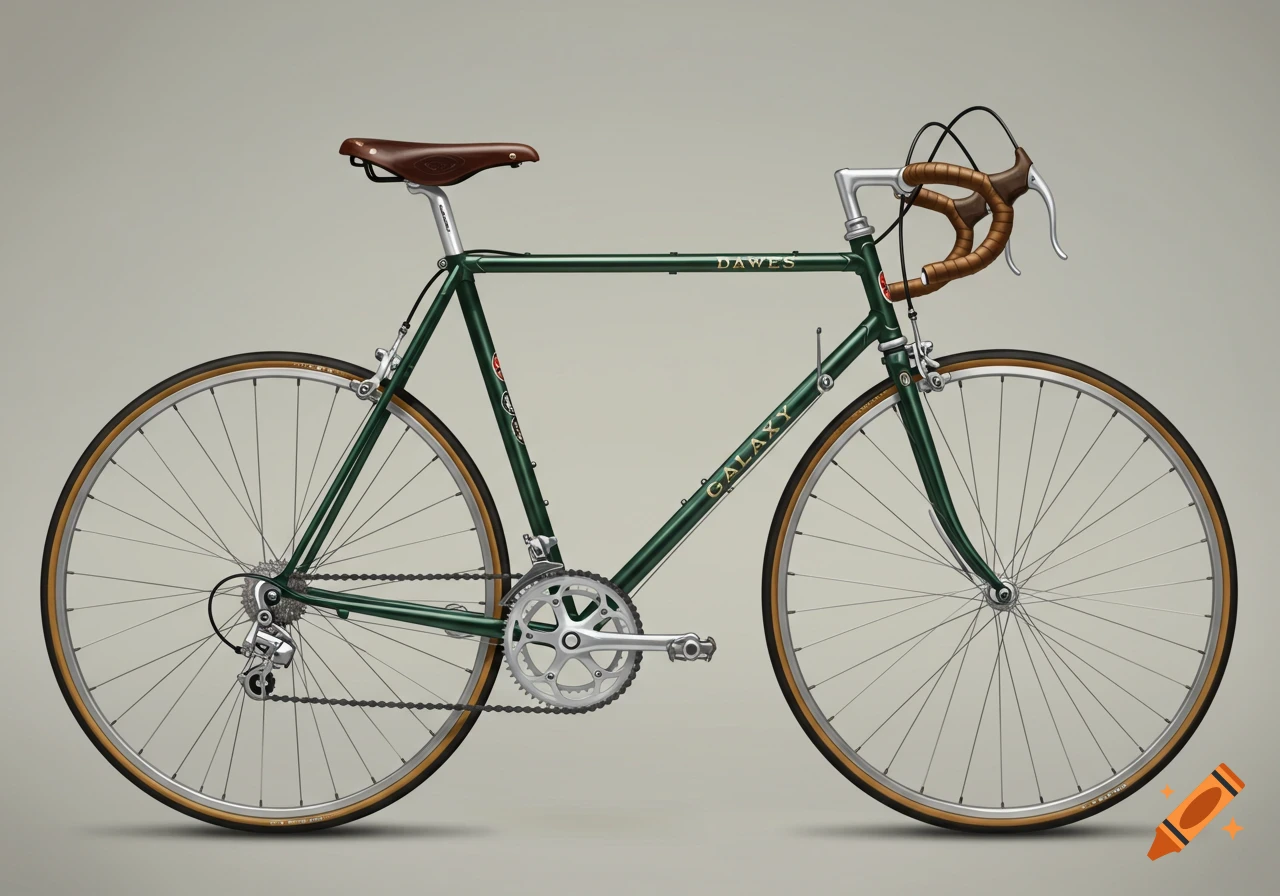 A green Dawes Galaxy road bicycle on a grey background.