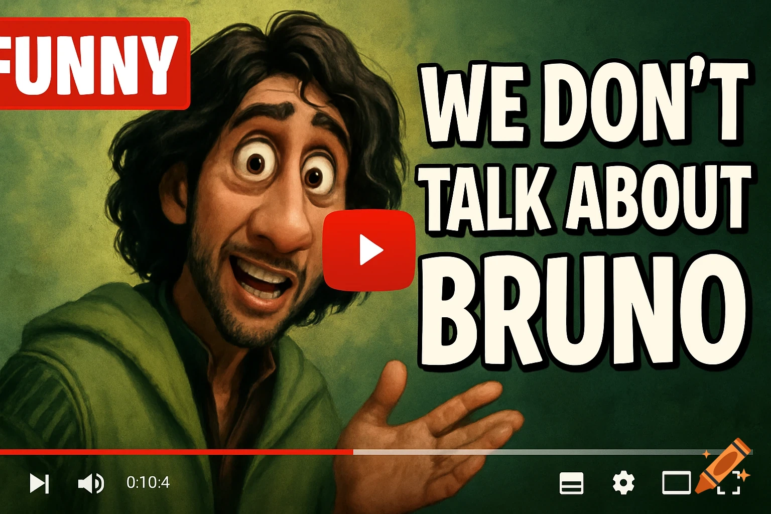 Animated man resembling Bruno from Encanto on a YouTube thumbnail with text 'FUNNY WE DON'T TALK ABOUT BRUNO'.