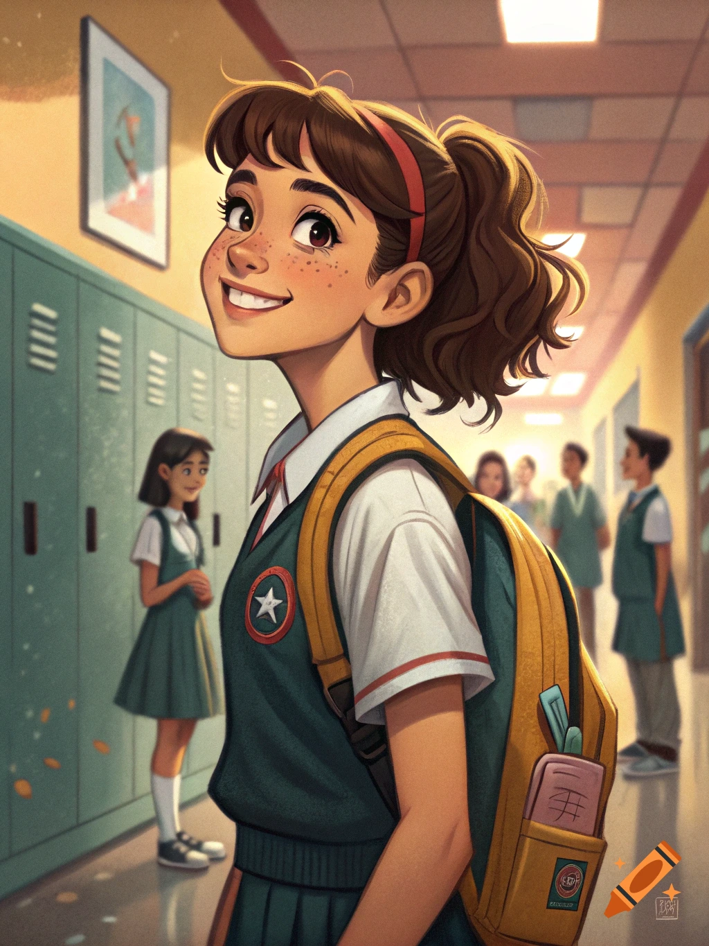 Illustration of a smiling student in a school hallway with a backpack.