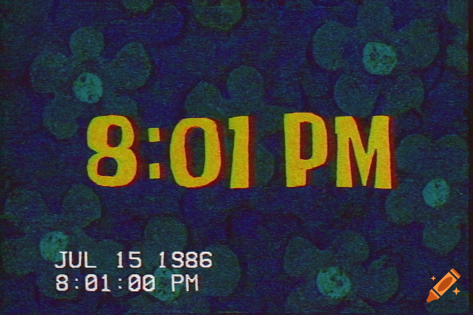 A retro 80s style image of a digital time display showing 8:01 PM, with VHS distortion and static.