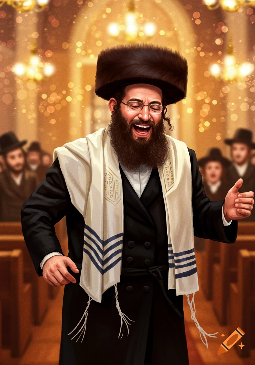 Illustrative portrait of a laughing rabbi in a fur hat and tallit, dancing with blurry figures and lights in the background.