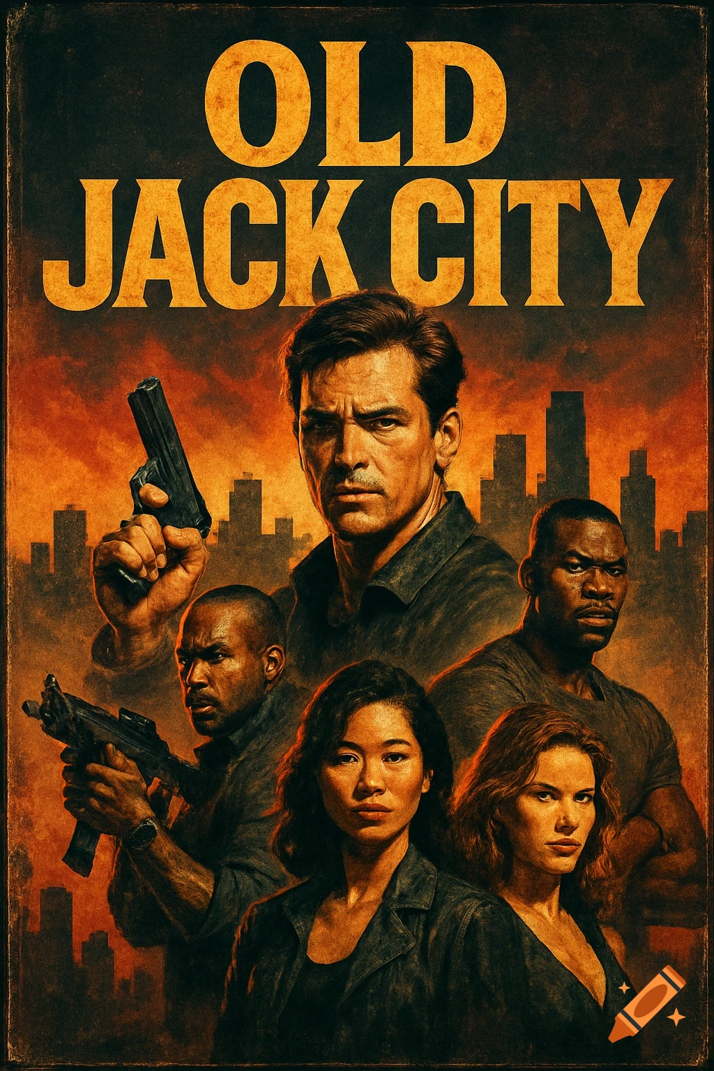 A vintage-style movie poster for "Old Jack City" featuring diverse action heroes with weapons against an urban skyline.