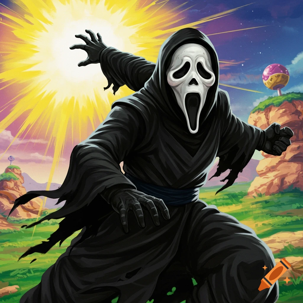 Ghostface in a dynamic pose in a stylized landscape resembling Dragon Ball Z.