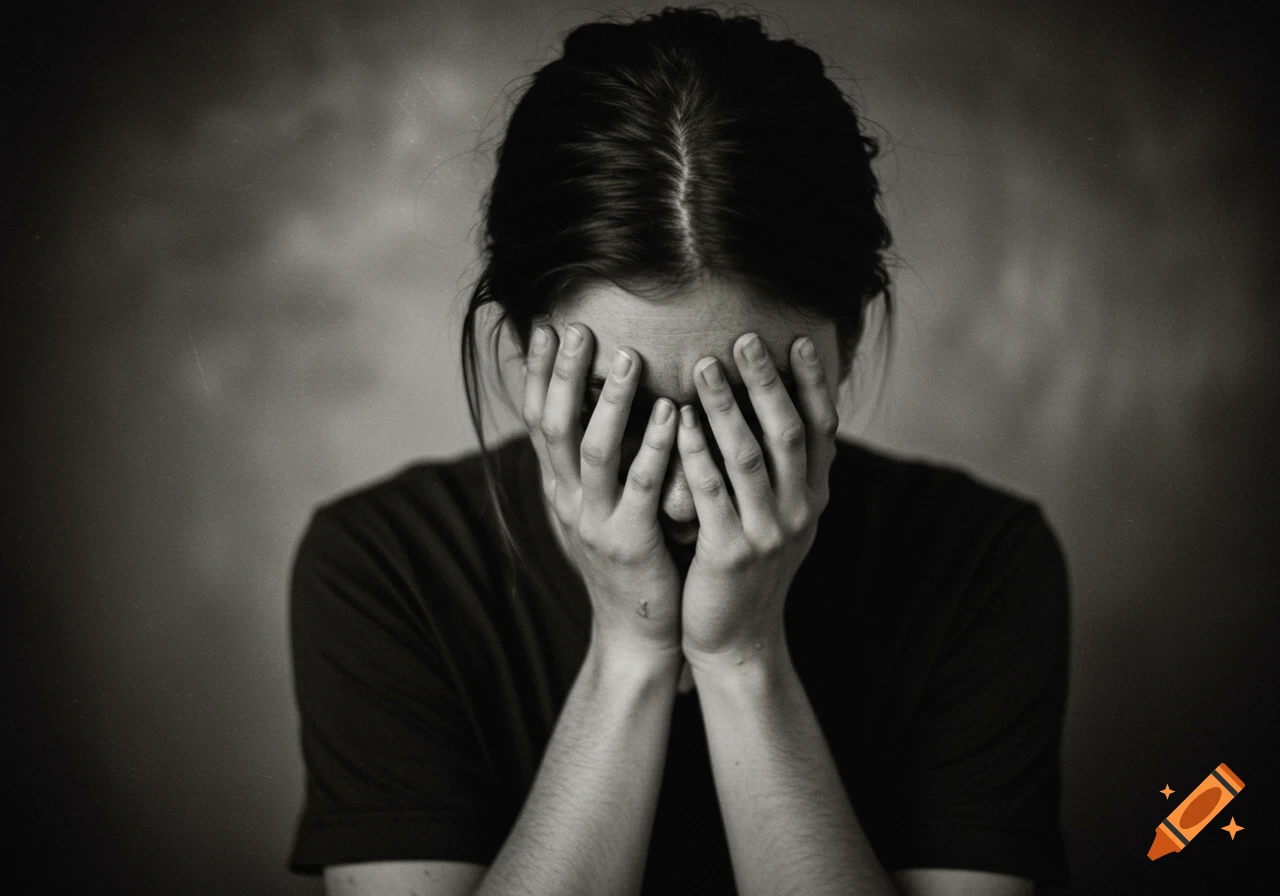 Black and white photo of a person covering their face with hands, showing grief.