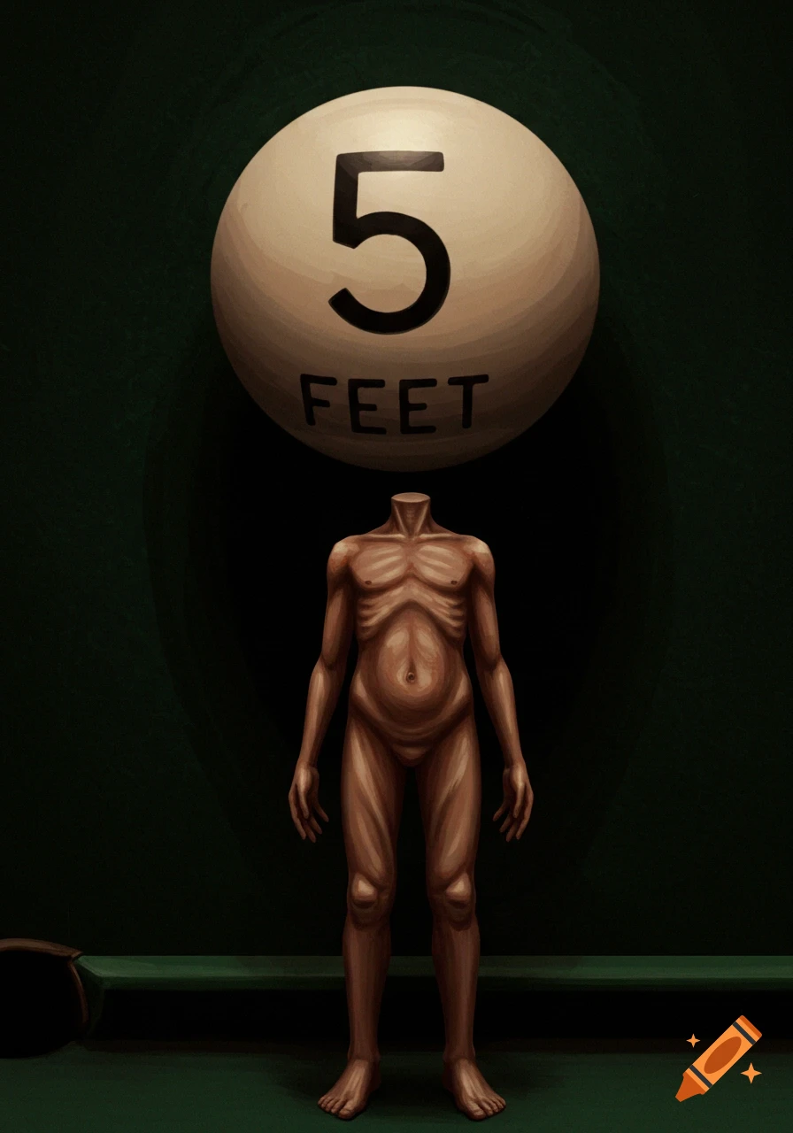 A headless figure stands under a large pool ball labeled '5 FEET' in a stylized, dark setting.