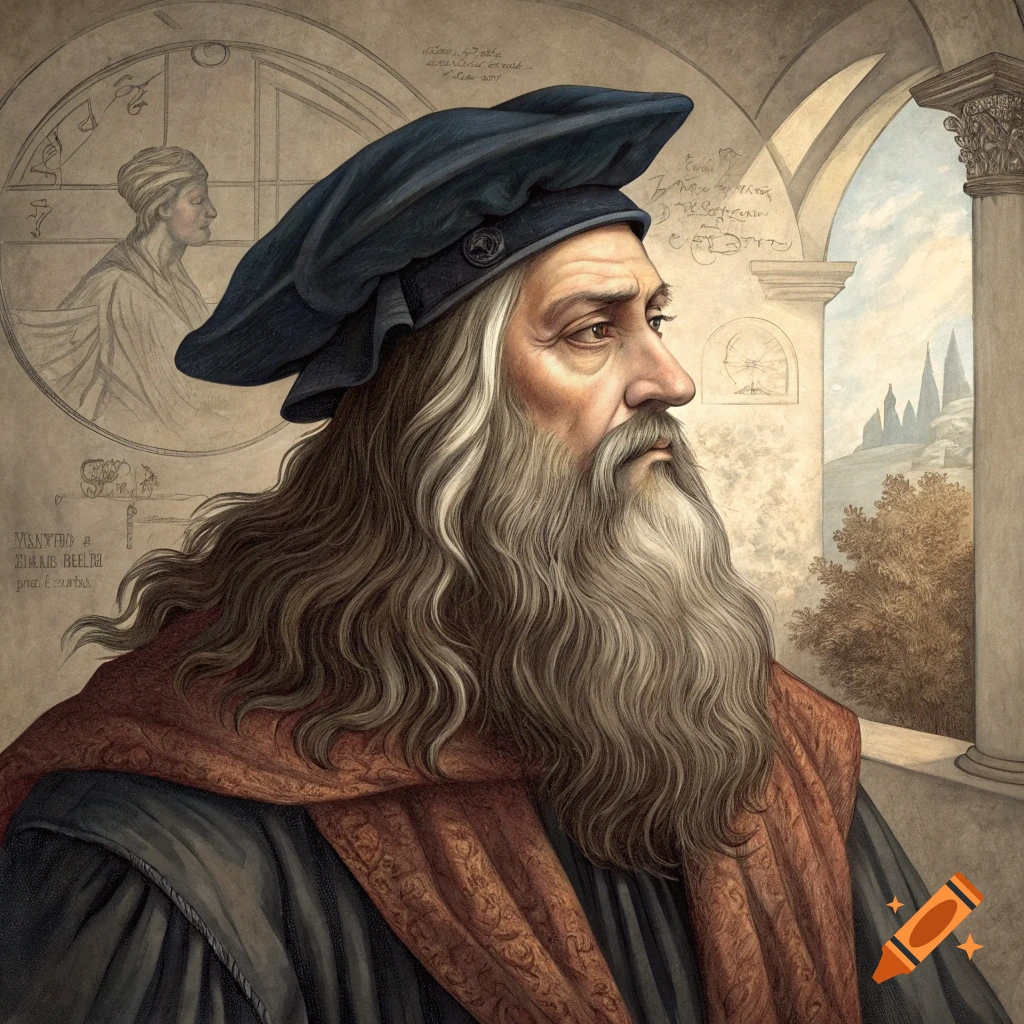 Portrait of Leonardo da Vinci with long beard, dark hat, and red scarf, with drawings on a wall.