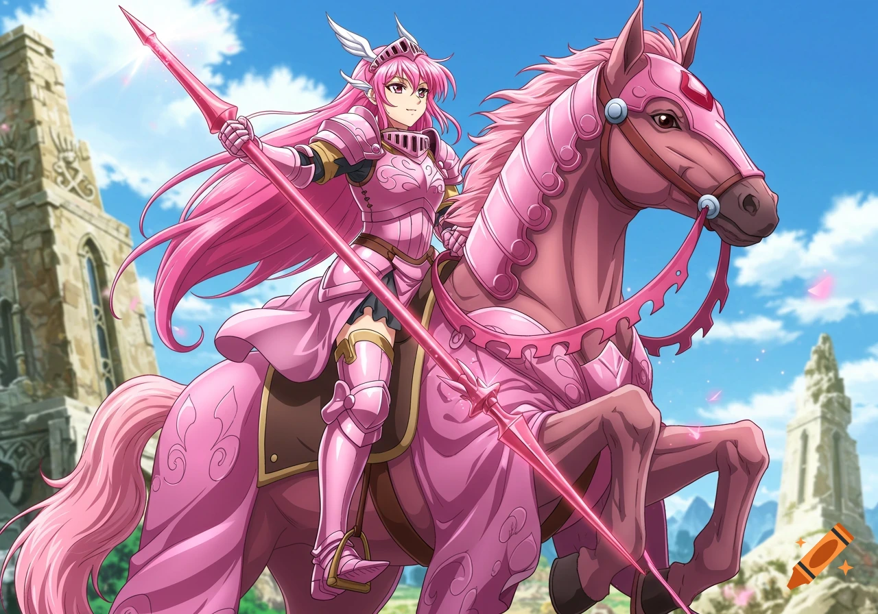 Anime knightess in pink armor rides a pink horse with a lance.
