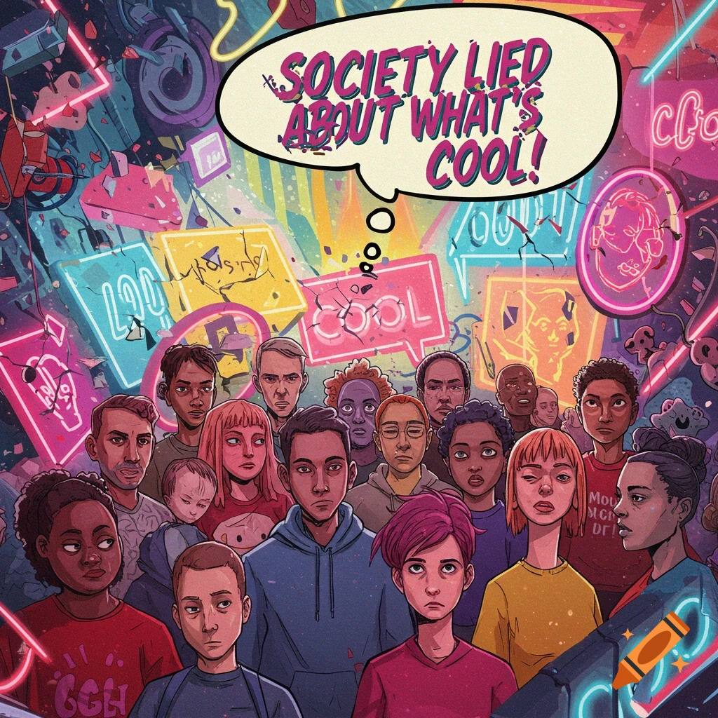 A crowd of diverse people in a graphic novel style with a thought bubble saying 'SOCIETY LIED ABOUT WHAT'S COOL!'